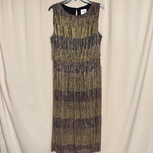 J. Taylor Metallic Striped Sleeveless Midi Dress, Size 16, Color Gold/Purple/Blu